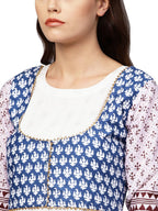 Ahalyaa White And Blue Printed Flare Cotton Jacket Kurta For Women