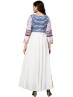 Ahalyaa White And Blue Printed Flare Cotton Jacket Kurta For Women