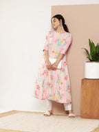 Ahalyaa Women Pink & Green Printed Gotta Patti Floral Crepe Kurta