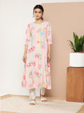 Ahalyaa Women Pink & Green Printed Gotta Patti Floral Crepe Kurta
