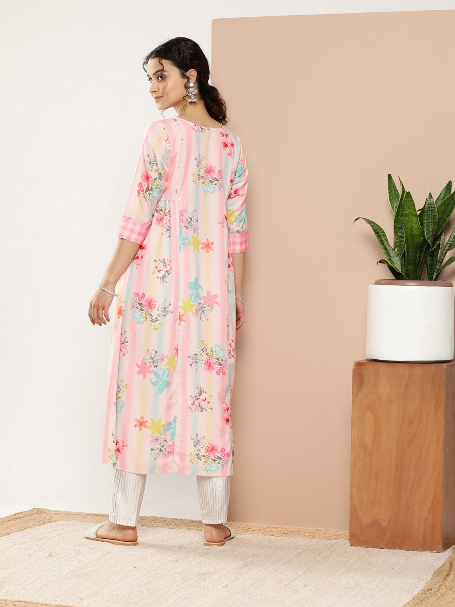 Ahalyaa Women Pink & Green Printed Gotta Patti Floral Crepe Kurta