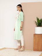 Ahalyaa Women Sea Green & Pink Striped Gotta Patti Floral Crepe Kurta
