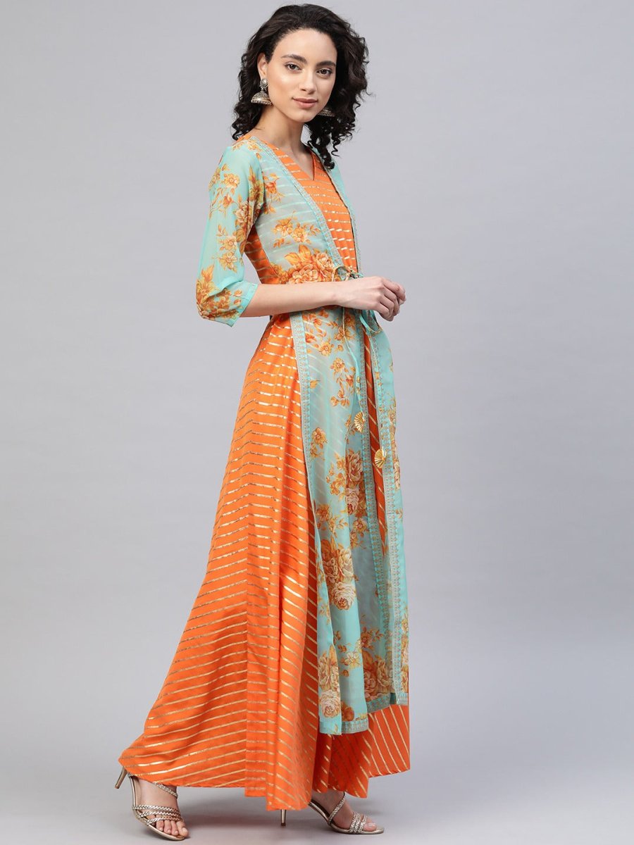 Ahalyaa Women Orange & Gold Ethnic Kurta Dress