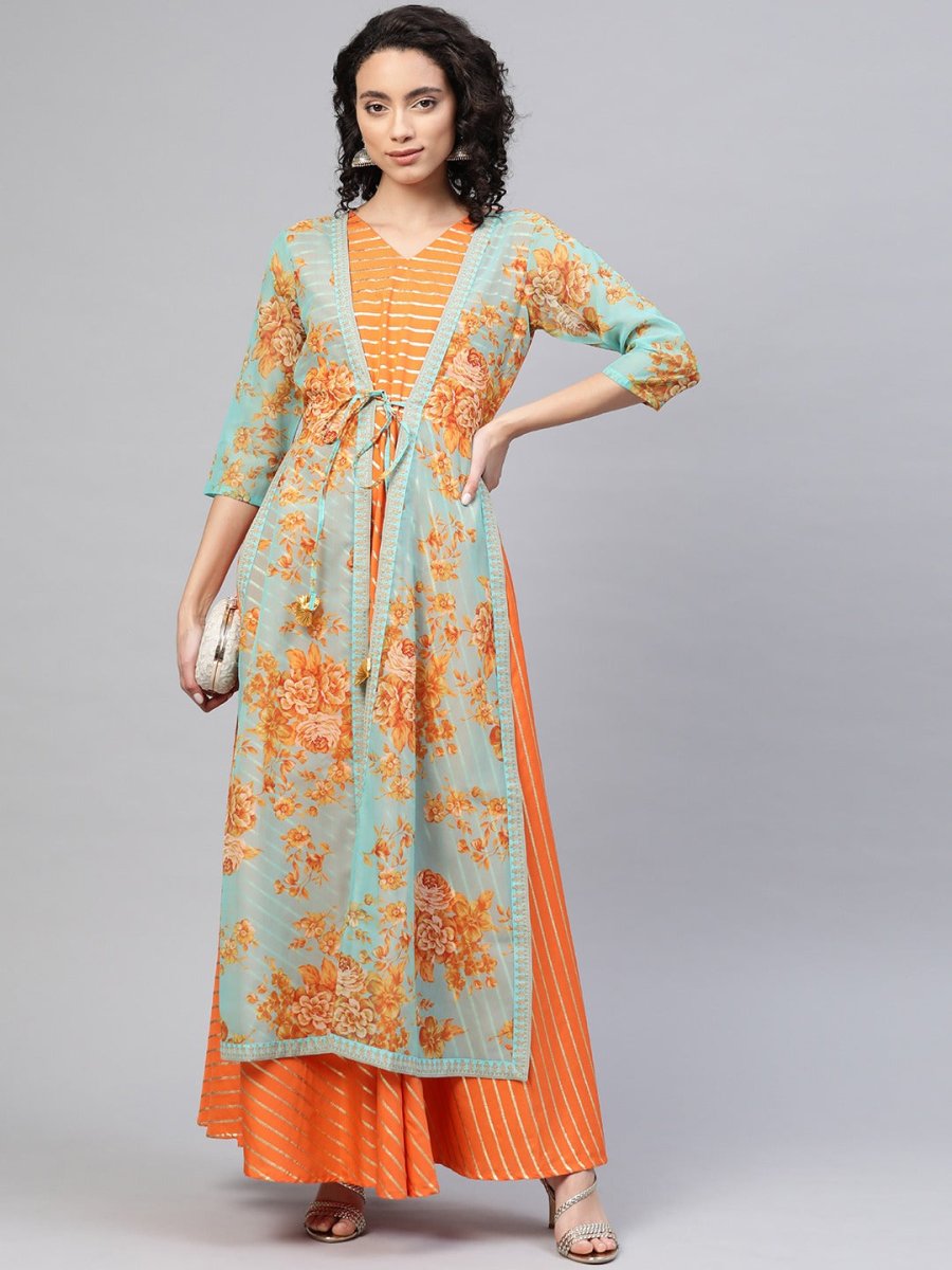 Ahalyaa Women Orange & Gold Ethnic Kurta Dress