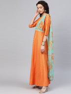 Ahalyaa Women Orange & Gold Ethnic Kurta Saree Dress