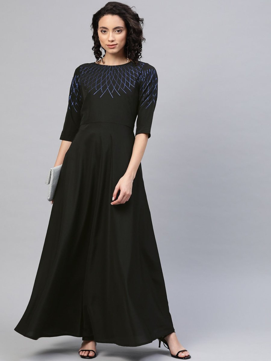 Ahalyaa Women Black Long Flared Kurta Dress