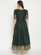 Ahalyaa Women Beautiful Green Print Work Chanderi Silk Anarkali Kurta