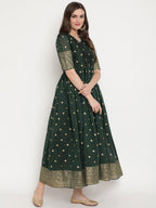 Ahalyaa Women Beautiful Green Print Work Chanderi Silk Anarkali Kurta