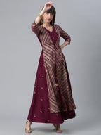 Ahalyaa Crepe Wine Glitter Print Kurta With Jacket - Distacart