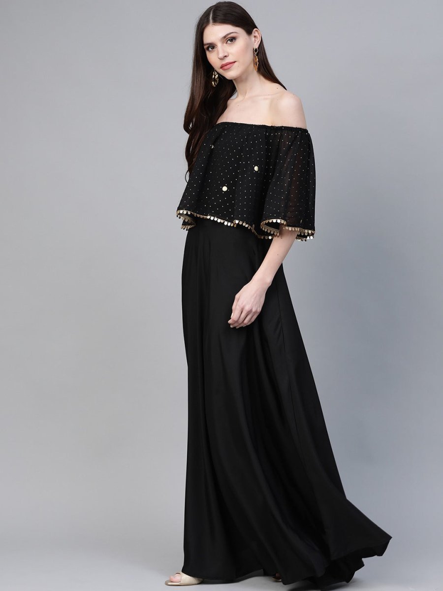 Ahalyaa Women Black & Golden Foil Printed Detail Off-Shoulder Layered Maxi Dress