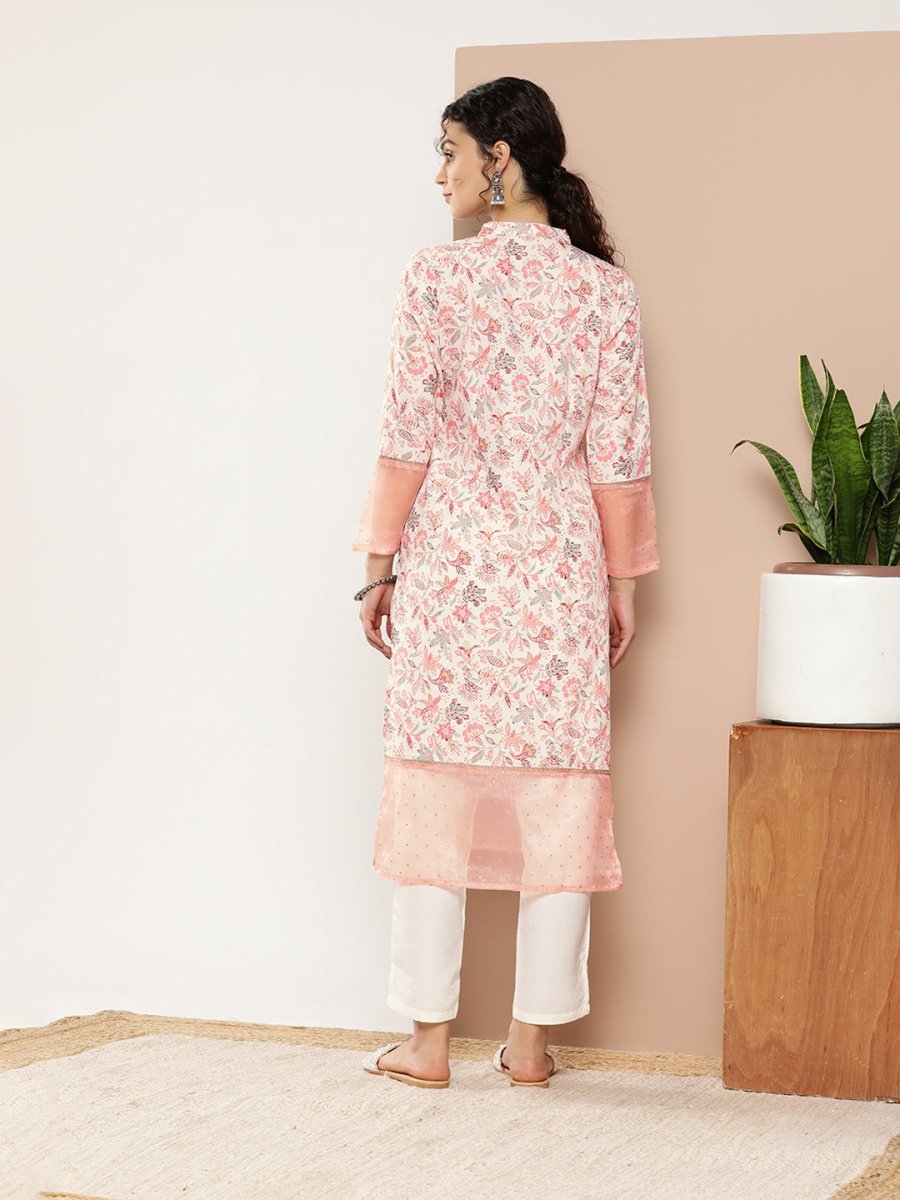 Ahalyaa Women Pink & Off White Floral Printed Gotta Patti Floral Crepe Kurta
