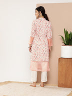Ahalyaa Women Pink & Off White Floral Printed Gotta Patti Floral Crepe Kurta