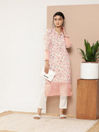 Ahalyaa Women Pink & Off White Floral Printed Gotta Patti Floral Crepe Kurta