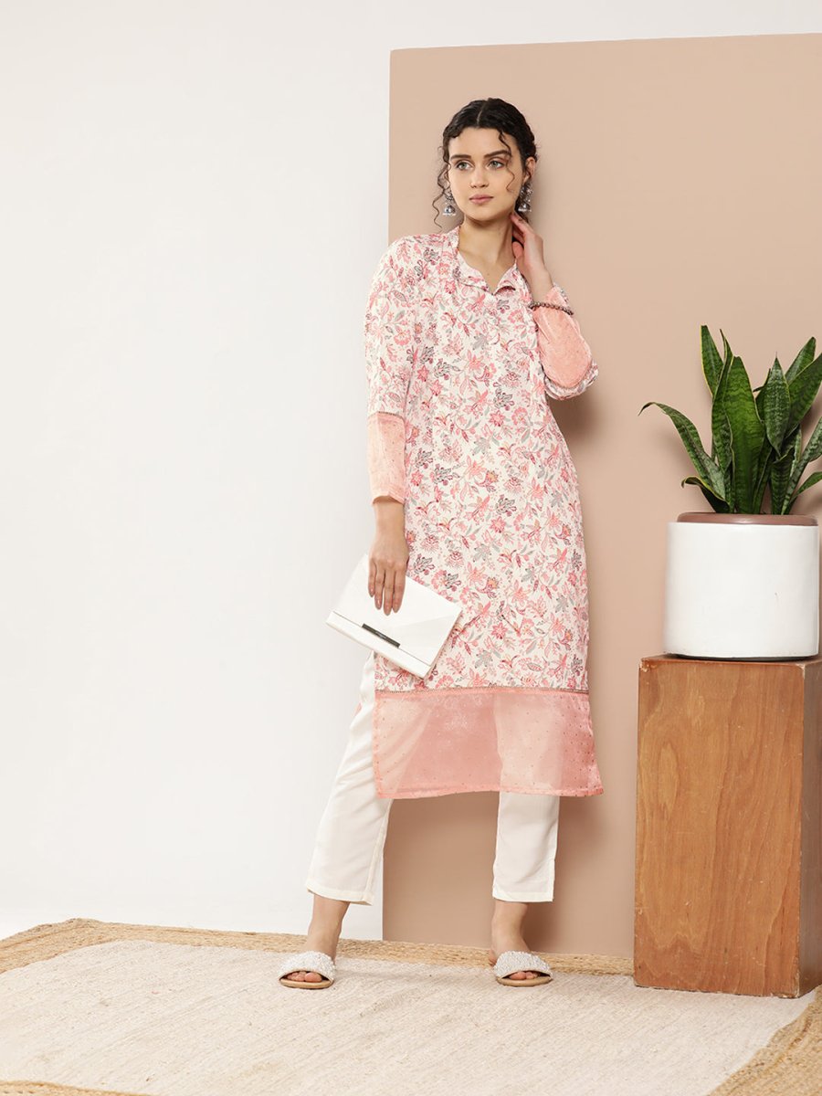 Ahalyaa Women Pink & Off White Floral Printed Gotta Patti Floral Crepe Kurta
