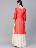 Ahalyaa Women Cream-Coloured & Red Bandhani Foil Printed Layered Maxi Dress