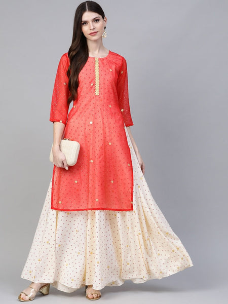 Ahalyaa Cream-Coloured & Red Bandhani Foil Printed Layered Beautiful Maxi Dress