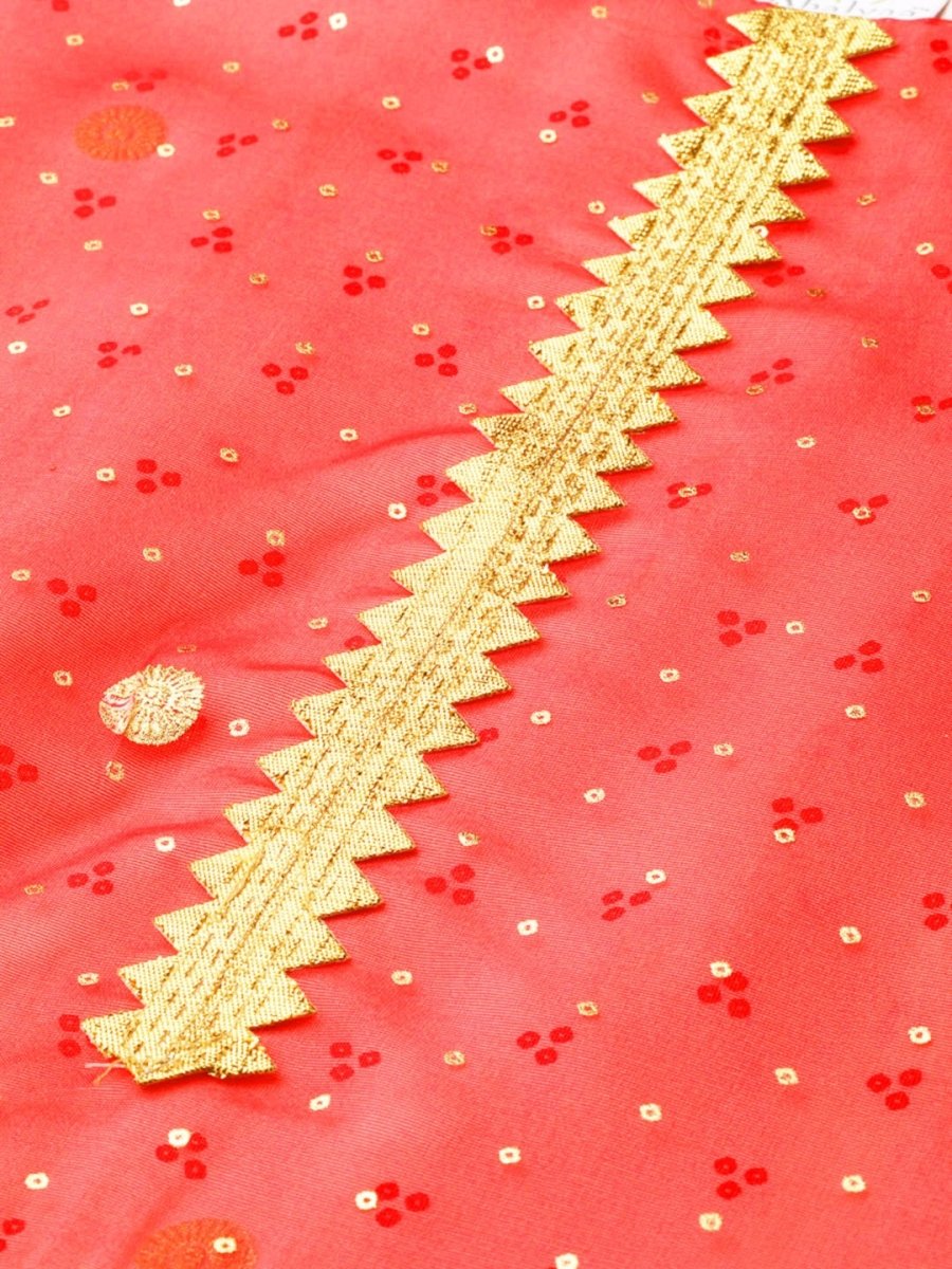 Ahalyaa Women Cream-Coloured & Red Bandhani Foil Printed Layered Maxi Dress