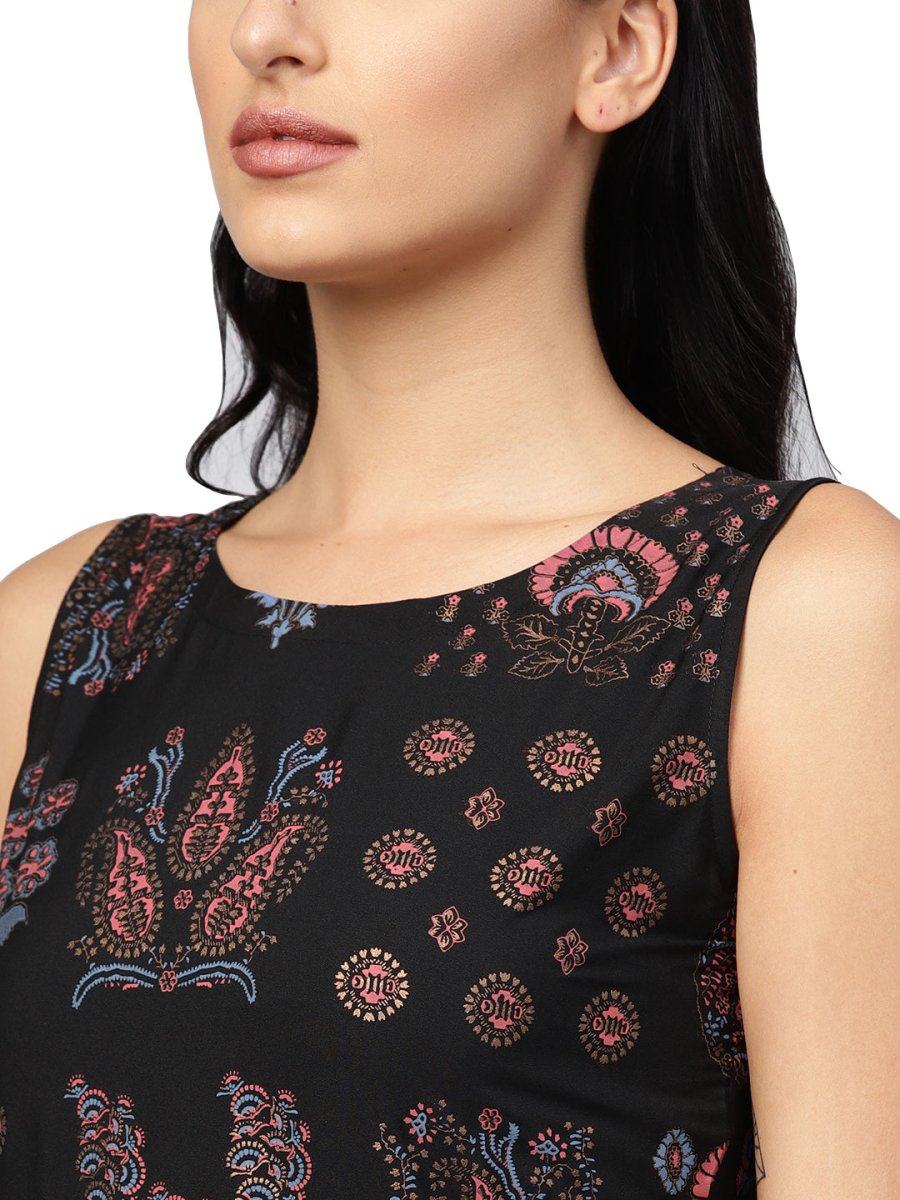 Ahalyaa Black Printed Flare Kurta Dress For Women