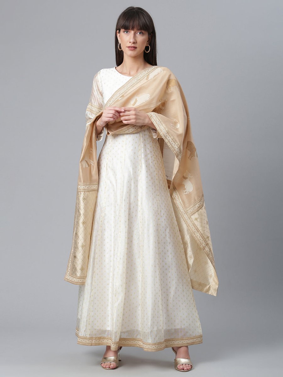 Ahalyaa Women Cream-Coloured & Golden Printed Anarkali Kurta with Dupatta