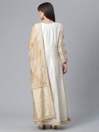 Ahalyaa Women Cream-Coloured & Golden Printed Anarkali Kurta with Dupatta