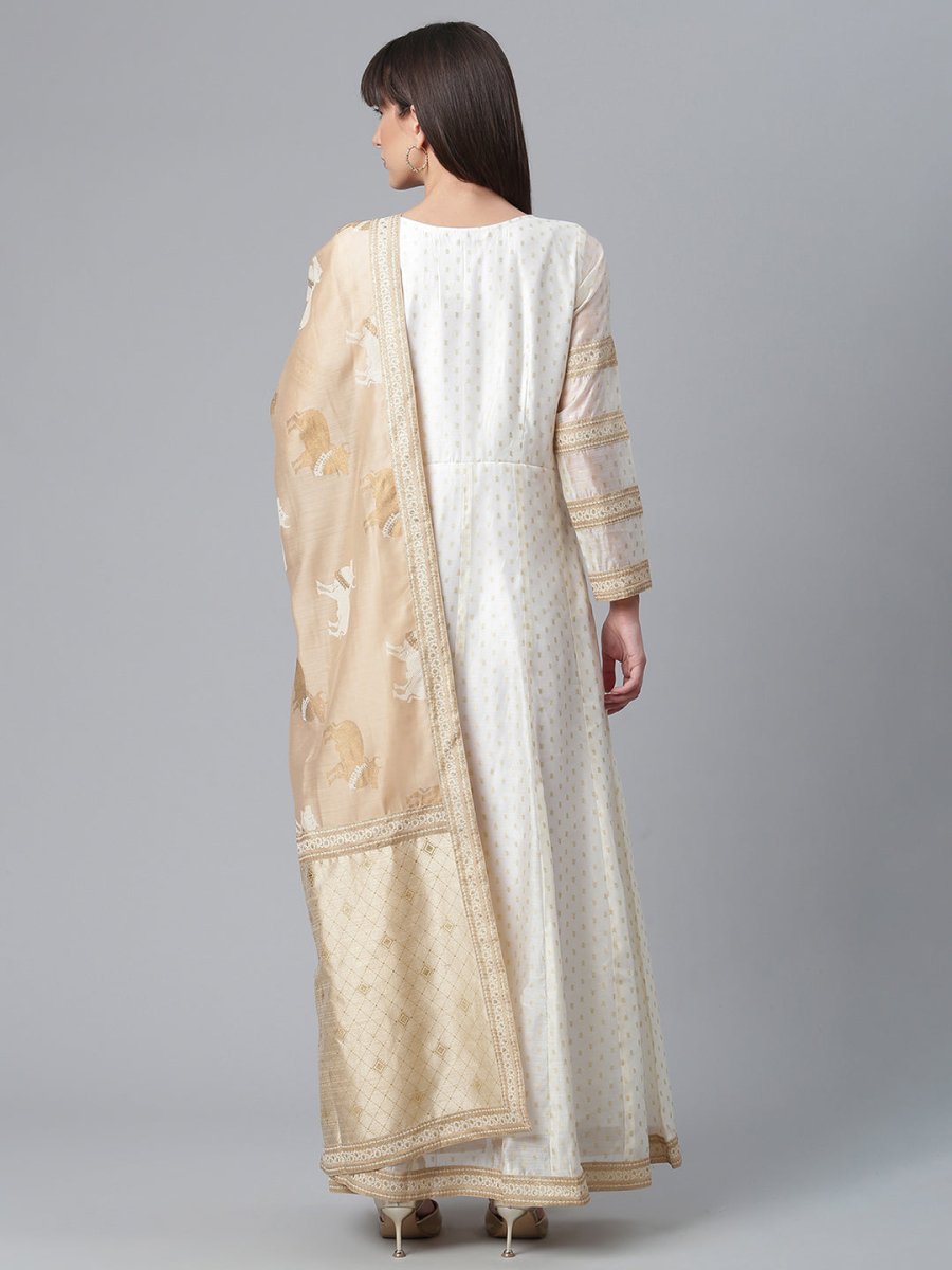 Ahalyaa Women Cream-Coloured & Golden Printed Anarkali Kurta with Dupatta