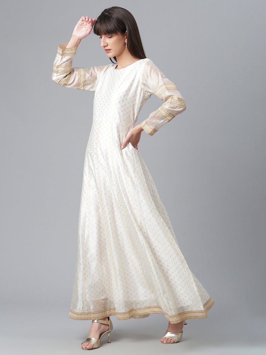 Ahalyaa Women Cream-Coloured & Golden Printed Anarkali Kurta with Dupatta