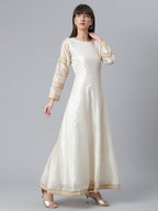 Ahalyaa Women Cream-Coloured & Golden Printed Anarkali Kurta with Dupatta