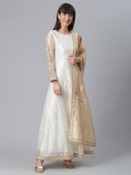 Ahalyaa Women Cream-Coloured & Golden Printed Anarkali Kurta with Dupatta