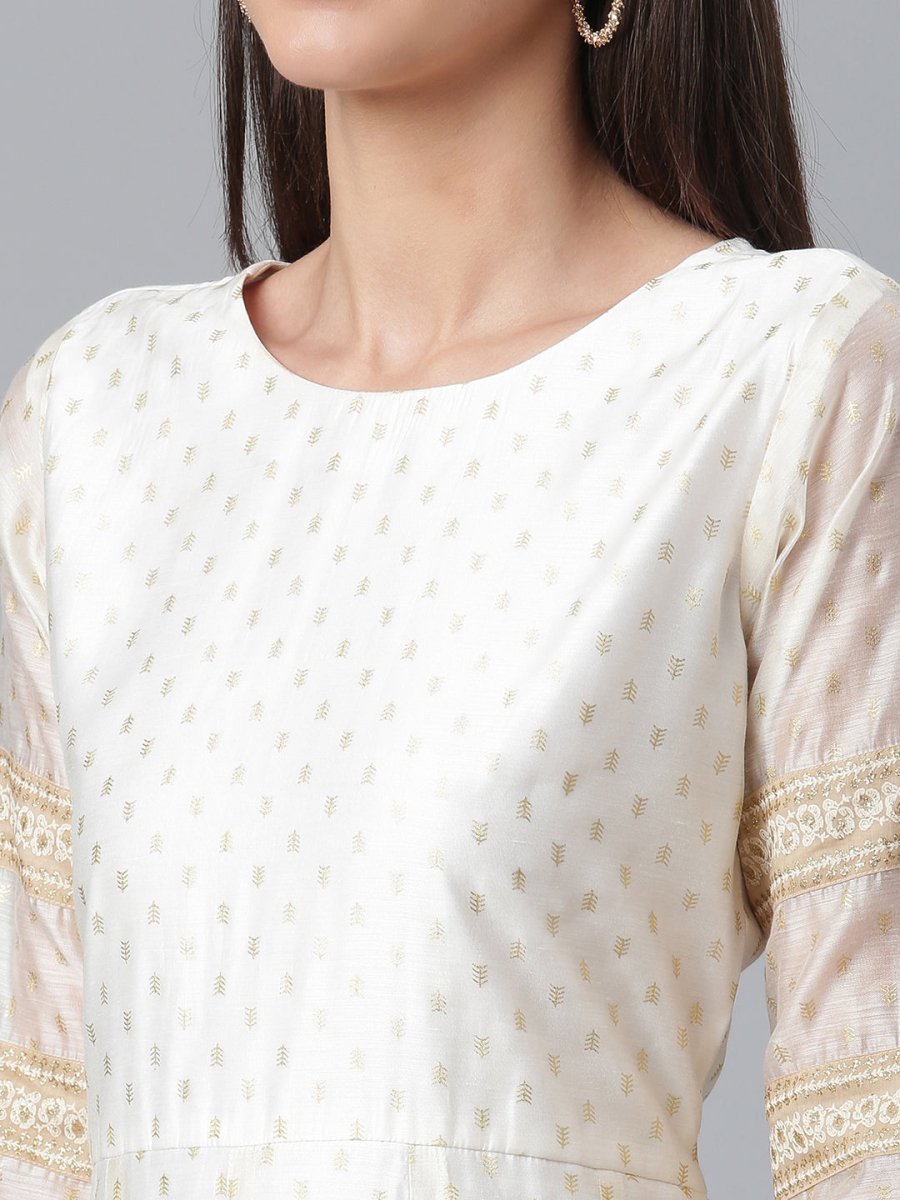 Ahalyaa Women Cream-Coloured & Golden Printed Anarkali Kurta with Dupatta
