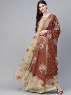Ahalyaa Women Beige & Red Floral Printed Anarkali Kurta With Dupatta