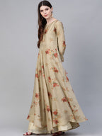 Ahalyaa Women Beige & Red Floral Printed Anarkali Kurta With Dupatta
