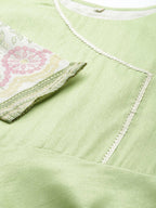 Ahalyaa Women Beautiful Lime Green & Blue Solid Angrakha Kurta With Screen Printed Dupatta