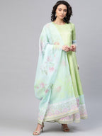 Ahalyaa Women Beautiful Lime Green & Blue Solid Angrakha Kurta With Screen Printed Dupatta