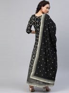 Ahalyaa Women Black & Golden Foil Ethnic Moti Printed Floral Kurta With Dupatta