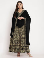 Ahalyaa Women's Black Georgette Gold Foil Print Flared Kurta with Dupatta - Distacart