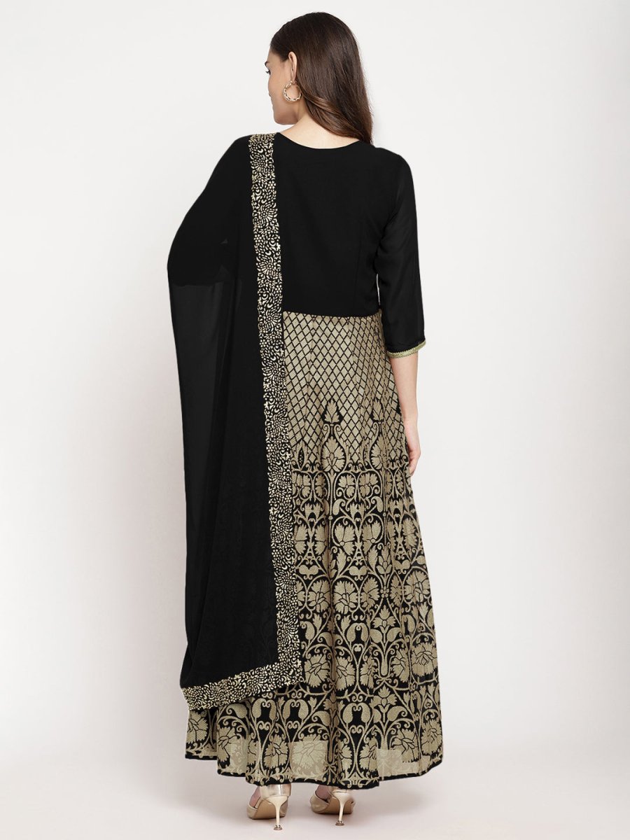 Ahalyaa Women's Black Georgette Gold Foil Print Flared Kurta with Dupatta - Distacart