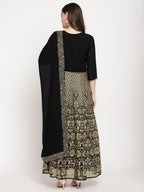 Ahalyaa Women's Black Georgette Gold Foil Print Flared Kurta with Dupatta - Distacart