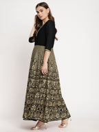Ahalyaa Women's Black Georgette Gold Foil Print Flared Kurta with Dupatta - Distacart