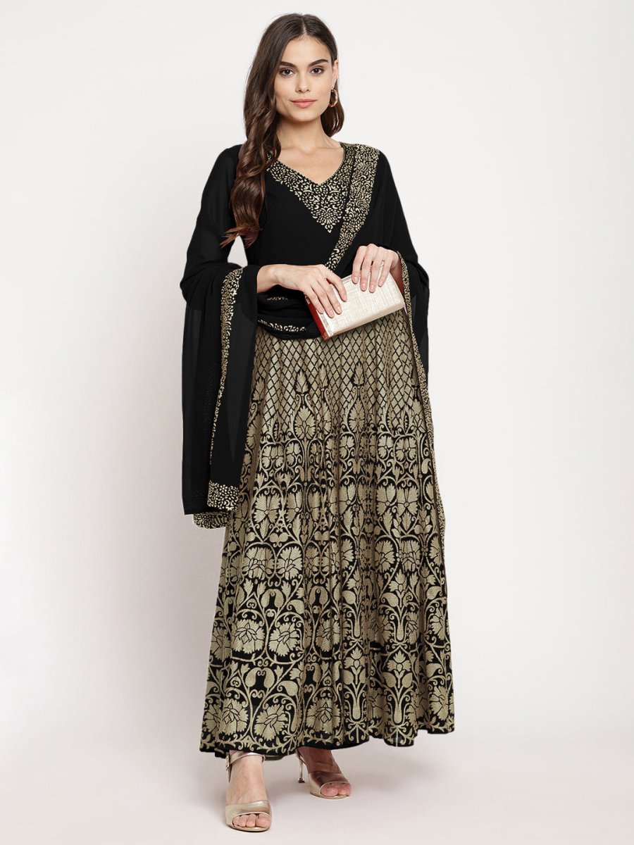 Ahalyaa Women's Black Georgette Gold Foil Print Flared Kurta with Dupatta - Distacart
