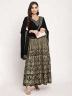 Ahalyaa Women's Black Georgette Gold Foil Print Flared Kurta with Dupatta - Distacart
