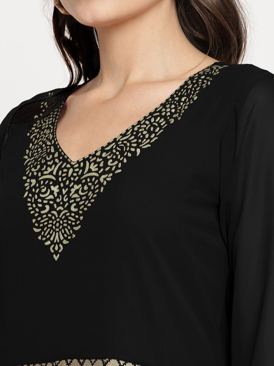 Ahalyaa Women's Black Georgette Gold Foil Print Flared Kurta with Dupatta - Distacart