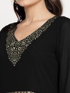 Ahalyaa Women's Black Georgette Gold Foil Print Flared Kurta with Dupatta - Distacart