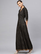 Ahalyaa Black and Gold Printed Anarkali Kurta Set For Women