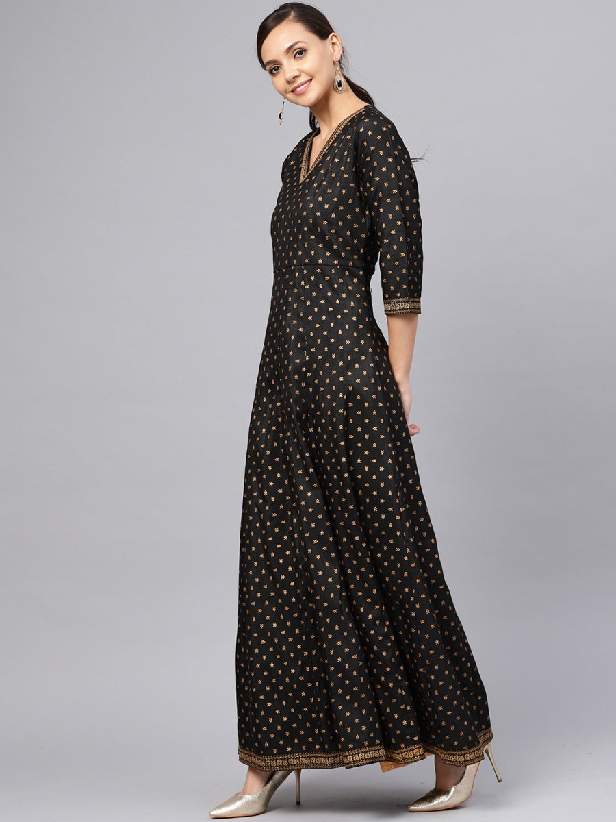Ahalyaa Black and Gold Printed Anarkali Kurta Set For Women