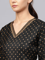 Ahalyaa Black and Gold Printed Anarkali Kurta Set For Women