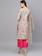 Ahalyaa Women Grey & Pink Printed Straight Kurta with Dupatta