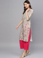 Ahalyaa Women Grey & Pink Printed Straight Kurta with Dupatta