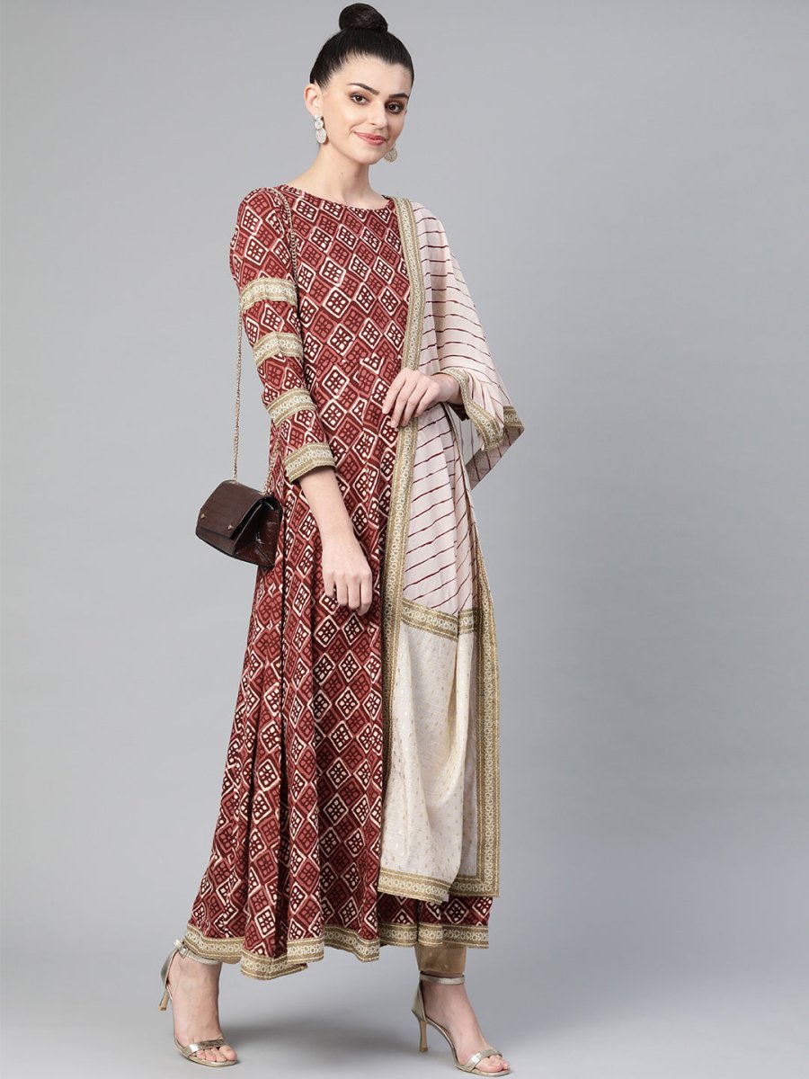 Ahalyaa Women Maroon & Off-White Printed Anarkali Kurta with Dupatta