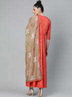 Ahalyaa Women Red & Golden Printed A-Line Kurta with Dupatta