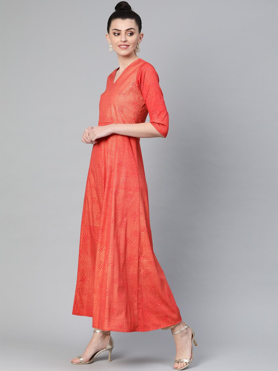 Ahalyaa Women Red & Golden Printed A-Line Kurta with Dupatta